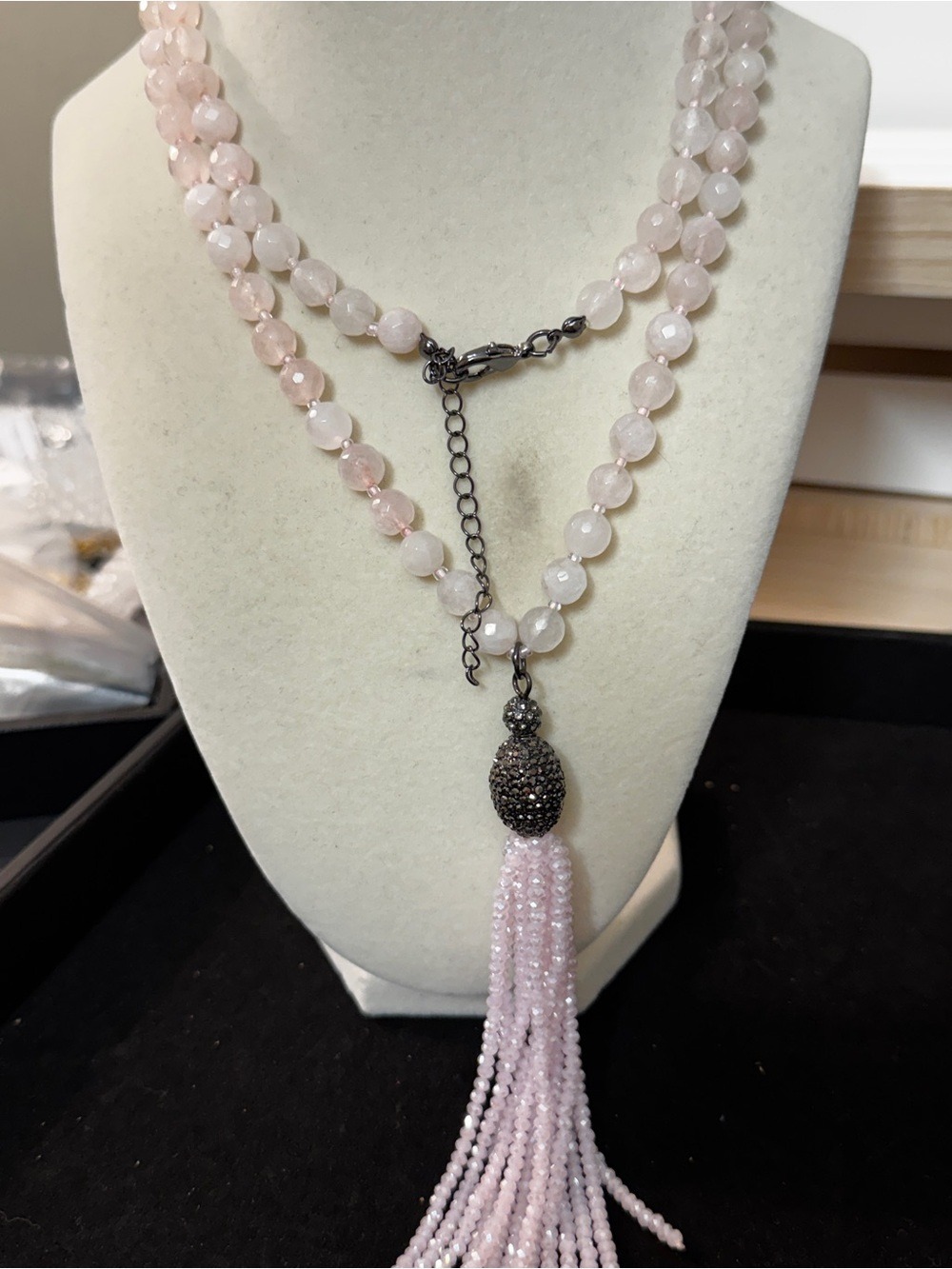 Pink quartz Beaded Tassel Necklace